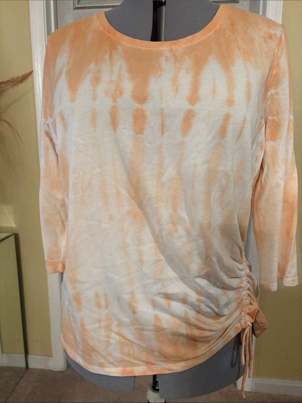 Women's Peach Tie-Dye Side-Ruched Top, 3/4 length sleeve